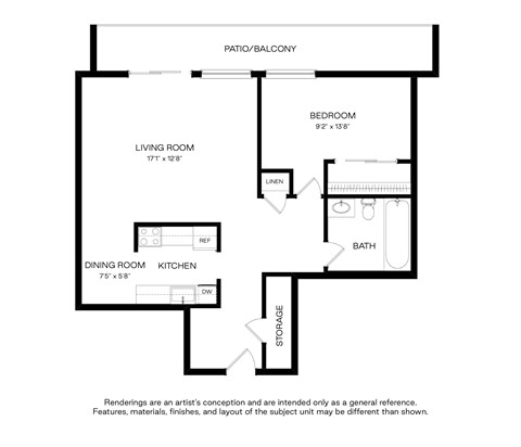 Floor plan for 1 bed, 1 bath, 640 sqft